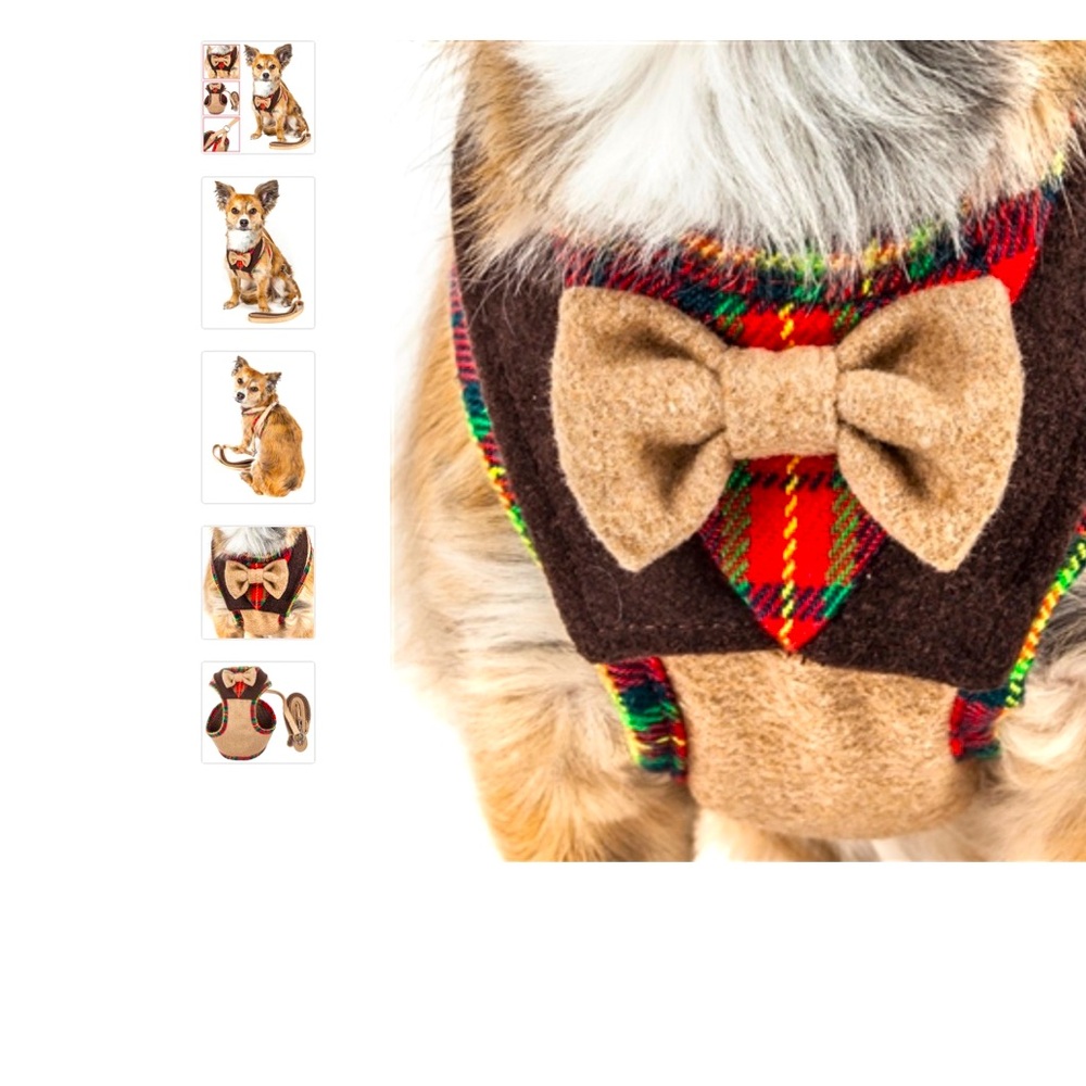 Dog Bow Tie Vest Harness with matching leash.  Red, Brown & Tan.  Fits 12-15 lbs